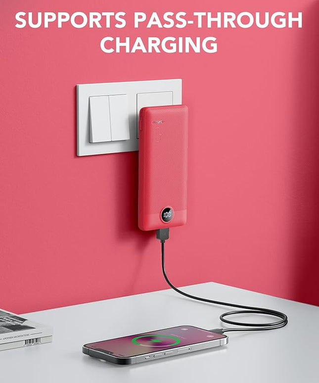 Portable Charger Built-in Cables and AC Wall Plug, VRURC USB C Power Bank 10000mAh, Travel Battery Portable Phone Charger Compact Lightweight External Battery Pack for SmartPhones,Tablets-Viva Magenta