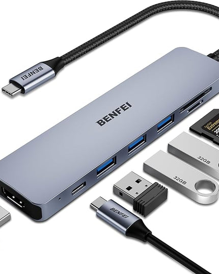 BENFEI USB C HUB 7-in-1 with HDMI(4K@60Hz,Certified), 100W Power Delivery, 3*USB 3.0, SD/TF Card Reader(160MB/s) Compatible with iPhone 15 Pro/Max, MacBook, iPad Pro, iMac, S23, XPS17