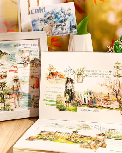 Dwpetzo Summer Beach Pre-Cut Journal Sticker Book for Junk Journaling, Transparent PET Landscape Stickers for Scrapbook Supplies, Scrapbooking, Collage, Planners, Bujo, 20 Sheets