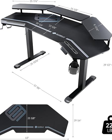EUREKA ERGONOMIC Gaming Desk Adjustable Height Standing Desk 63" Wing Shaped Music Studio Table Workstation w Full Coverage Mousepad, 3 Stands, Dual Headphone/Cup Holder, Ipad-Slot