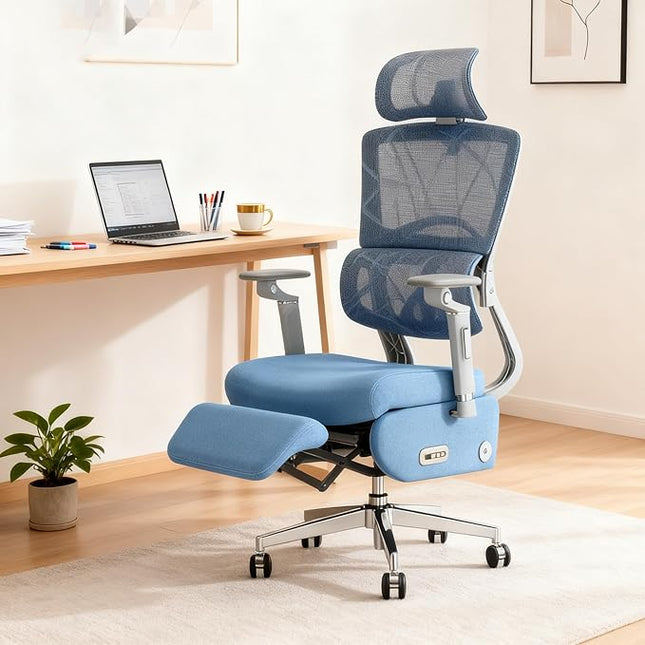 Dual-Motor Home Office Chair with Lumber Support, Reclining Mesh Chair with Footrest, 3D Headrest & 6D Armrests, Reclining Big and Tall 400LBS,Adjustable Back High（Blue