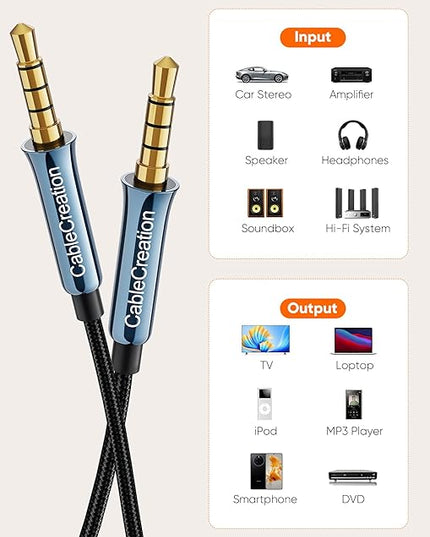 CableCreation 3.5mm TRRS Audio Cable 6FT/1.8m, 4-Pole 3.5mm Aux Cord, Hi-Fi, 1/8 inch Braided Auxiliary Stereo Jack Cable for Headphone, Car Stereos, Phone, Tablets, Laptops, Speaker, Bule