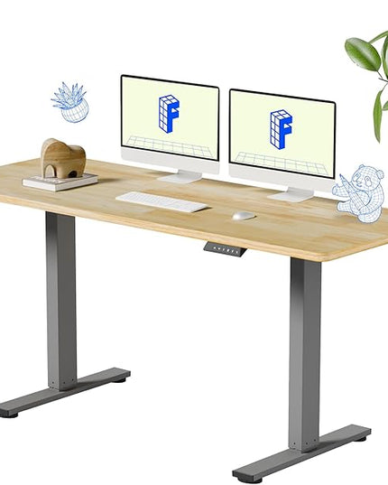 FLEXISPOT EN1 One-Piece Solid Wooden Standing Desk 63 x 24 Inches Height Adjustable Electric Sit Stand Home Office Desks (Silver Frame + Rubber Wood Top, 2 Packages)