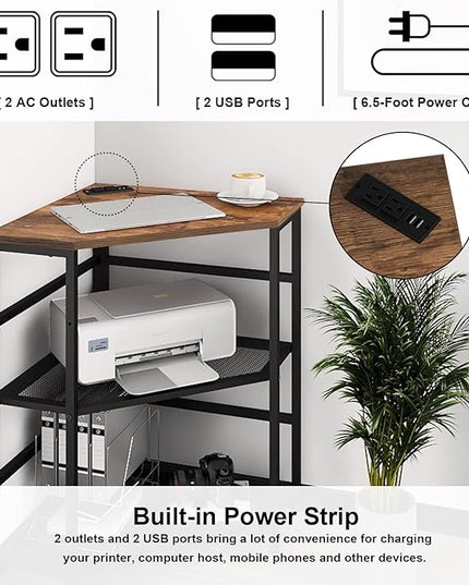 VEDECASA Corner Printer Stand Table with Power Outlet Charging Plugs USB Port Adjustable Storage Shelf Computer Tower CPU Stand Holder for Home Office (Brown)