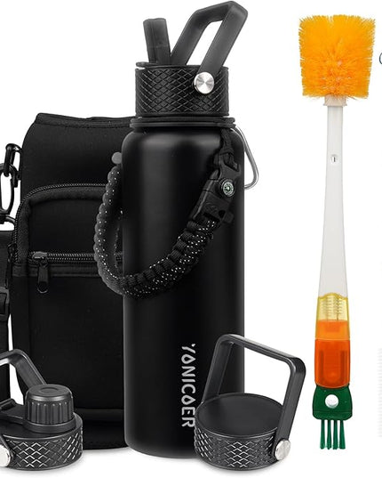 Insulated Water Bottle 40oz,Triple Wall Vacuum Stainless Steel(Dishwasher Safe),Leak Proof & Non-BPA,Flask Jug with Paracord Handle & Straw Spout Lids Sports Black