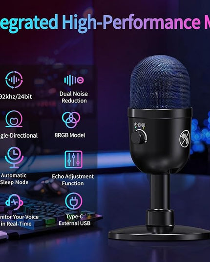 USB Microphone for PC - Computer Gaming Mic with RGB Lighting for PS 4&5,Dual Audio Mixing,Mute,Headphone Output,192KHz/24Bit Hi-Fi Condenser Microphone for Streaming,Singing,Podcast Recording