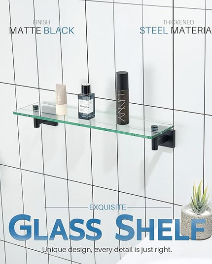 KOKOSIRI Bathroom Shelves Glass Floating Shelf 20-Inch for Bedroom Living Room Kitchen Hanging Rack Rustproof Wall Mounted Black 2 Pack B1105BK-L20-P2