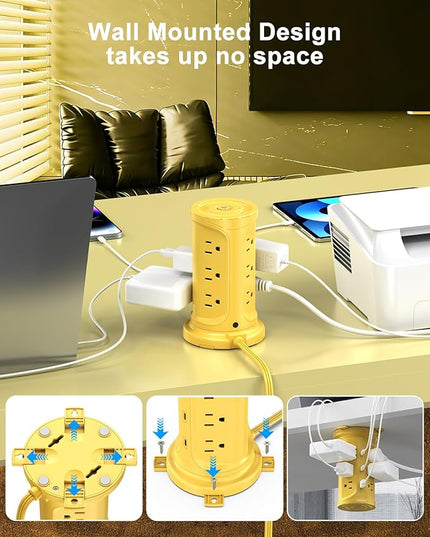 Tower Power Strips with Surge Protection, 6.5FT Flat Extension Cord with Multiple Outlets, 12 AC 4 USB Ports(2 Type C), Flat Plug Surge Protector Power Strip with Screw Wall Mount for Home Office Dorm