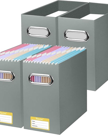 BALEINE File Organizer Box, Cardboard File Folder Organizer with Handle for Letter Size, Portable Collapsible Hanging Filing Box for Home Office Document Storage (4 Pack, Grey)