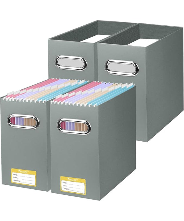 BALEINE File Organizer Box, Cardboard File Folder Organizer with Handle for Letter Size, Portable Collapsible Hanging Filing Box for Home Office Document Storage (4 Pack, Grey)