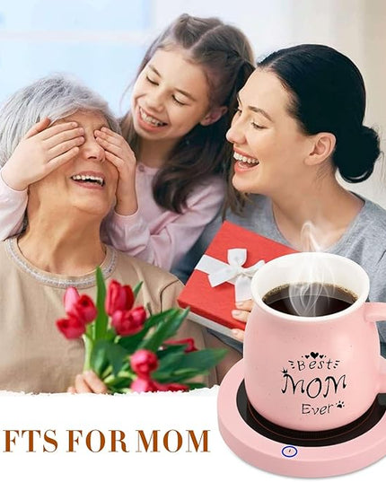 Coffee Mug Warmer, Best Mom Ever Mug, Cute Cat Mug Set, Cup Warmer for Desk, Gifts for Women, Pink Heated Warmer for Mom Home Office Christmas Birthday Gifts