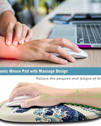 Ergonomic Mouse Pad Wrist Rest, Japanese Sea Wave Mouse Pad with Wrist Support, Memory Foam Massage Design & Non-Slip PU Base MousePads for Pain Relief, Desk, Office, Home, Kanagawa Wave