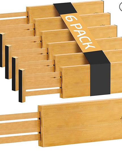 6 Pack Drawer Dividers 6 Inch High, 11”-17" Adjustable Bamboo Organizers Large Expandable Drawer Separators for Cloths, Dresser, Bedroom, Bathroom, Baby Drawer, Office & Kitchen Utensils (Natural)