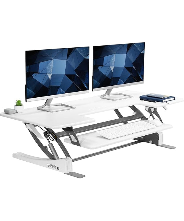 VIVO 48 inch Height Adjustable Large Stand Up Desk Converter, V Series, Quick Sit to Stand Tabletop Dual Monitor Riser Workstation, White, DESK-V048VW
