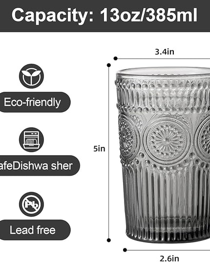 Vintage Glassware Drinking Glasses Set of 6,13 oz Grey Textured Flower Design Glass Water Tumblers，Embossed Striped Drinkware for Water,Cocktails,Juice,Iced Coffee
