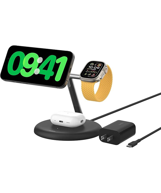 Belkin MagSafe-Compatible 3-in-1 Wireless Charger Stand 15W - Qi2-Certified Wireless Charging Station, Fast Charging of iPhone 16, AirPods, & Apple Watch - 36W Included - Black