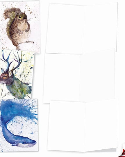 The Best Card Company - Assorted All Occasions Animal Watercolor Blank Greeting Notecard Box Set - Incl. 10 Unique Designs + Envelopes, Thank You, Invitations - Wildlife Splash AM2954OCB-B1x10