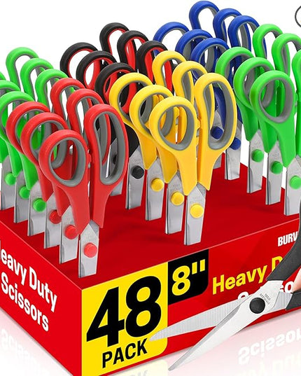 BURVAGY 8" Multipurpose Scissor Bulk 48 Pack, Comfort Grip Handles Ultra Sharp Blade Shears Stainless Steel Scissors for Office Home, All Purpose Scissors