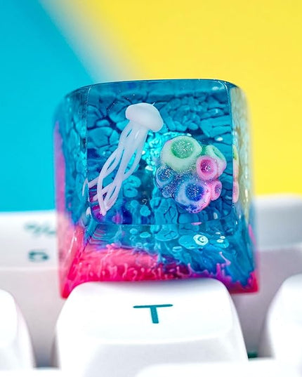 Jellyfish Artisan Keycap Blue and Pink Ocean Coral R1 SA Profile Custom Sea Creature Keycaps 1U ESC Handmade Gaming Resin Key Cap Cherry MX Switch Compatible Mechanical Keyboard Jellyfish Lover Gift
