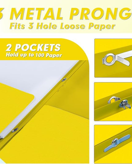 Two Pocket Folders, PANDRI 30 Pack Two Pocket Folders with Prongs, 3 Prong Folders Designed for Office and Classroom, Letter Size Yellow