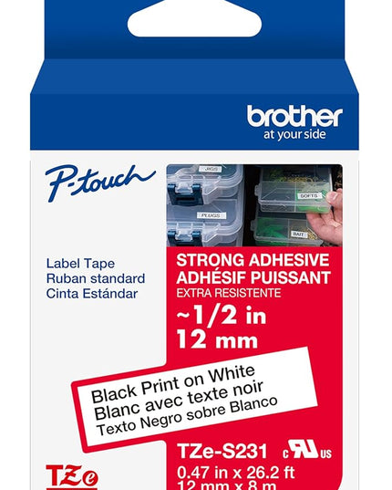Brother Genuine P-Touch TZe Black Print on White Label Tape (TZeS231), Strong Adhesive Laminated, ~1/2in x 26.2ft (12mm x 8m), for Select P-Touch Label Makers, Water-Resistant, Extra Strength