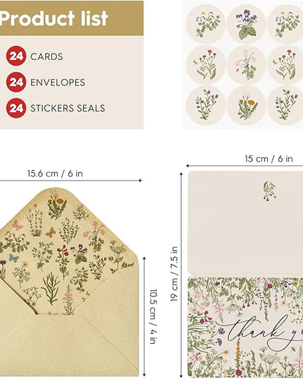 Artoid Mode 24 Pack Leaves Wildflower Thank You Cards Flower Greeting Cards Gift With Envelope Sticker Blank Note Cards for Birthday Wedding Baby Shower Bridal Shower, 4 x 6 Inch