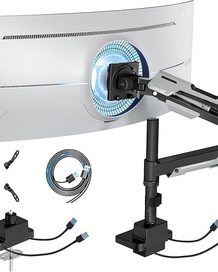 ARES WING CoreArm Single Monitor Mount with USB, Ultrawide Monitor Arm for 24 to 57'' Heavy Duty Curved Screen, Adjustable Gas Spring Monitors Arm Stand up to 66LBS with 75/100/200 Vesa Mount, Black