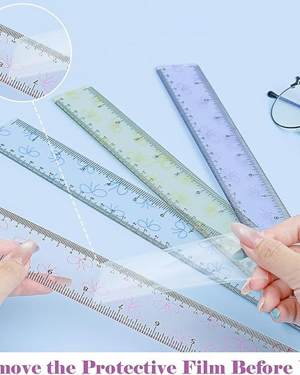 BAYTORY 4Pcs Transparent Acrylic Ruler 12 Inch, Clear Plastic Straight Rulers, Shatterproof Student Stationery Centimeters with Inches, for Classroom Essentials School Supplies (Bowknot)