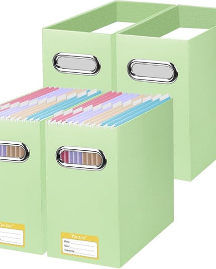 BALEINE File Organizer Box, Cardboard File Folder Organizer with Handle for Letter Size, Portable Collapsible Hanging Filing Box for Home Office Document Storage (4 Pack, Green)