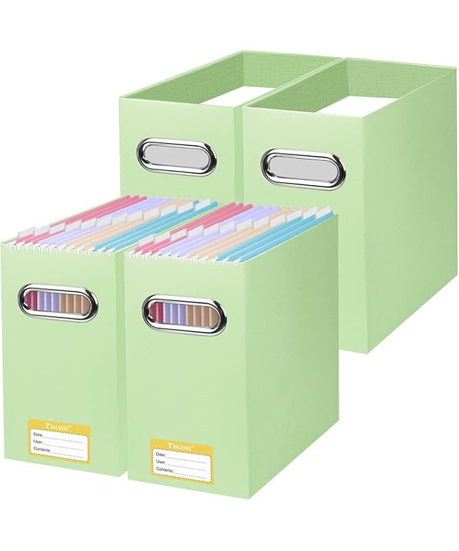 BALEINE File Organizer Box, Cardboard File Folder Organizer with Handle for Letter Size, Portable Collapsible Hanging Filing Box for Home Office Document Storage (4 Pack, Green)