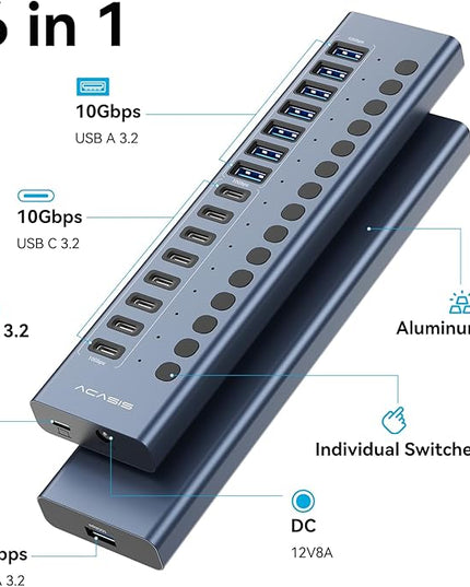 Powered USB 3.2 Hub, ACASIS 16 Ports USB 3.2 Hub(8 USB-A 3.2 Ports+8 USB-C 3.2 Ports), Aluminum USB Hub Powered with 96W Power Adapter, USB Hub for PC/Laptop, Computer, Flash Drive, Printer, Camera
