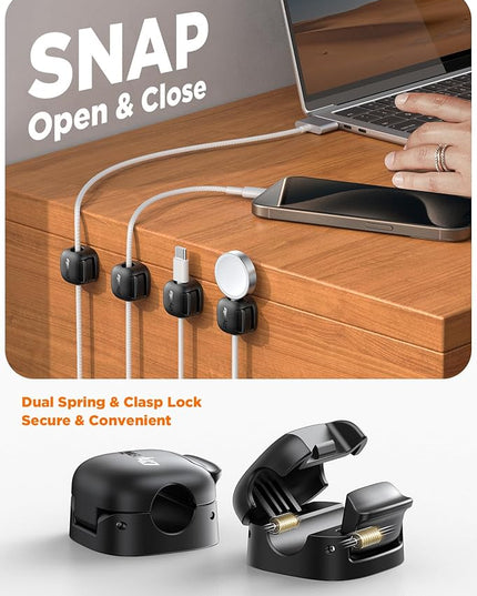 6Pack Cord Organizer - Chfeila [Dual Spring & Clasp Lock] Cable Management Clips, Adhesive Phone Charger Keeper, Compact Wire Holder for Nightstand/Car, Home Office Desk Accessories Decor Essentials