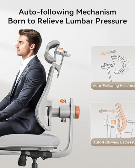 Newtral Ergonomic Office Chair-Home Office Desk Chair with Footrest, Auto-Following Backrest & Headrest, 4D Armrests, 96°-136° Recline (Gray, with Laptop Table)