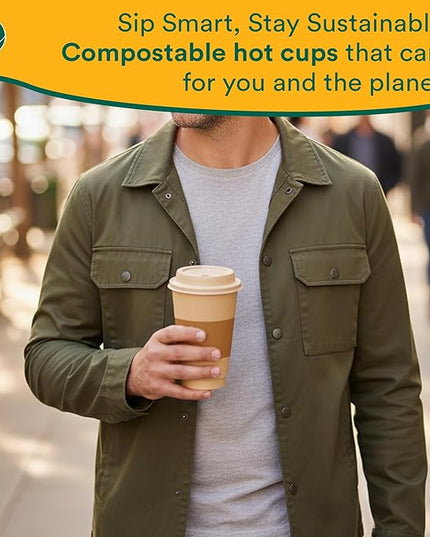 ECO SOUL 200 Pack 16 oz Disposable Coffee Cups with Lids & Sleeves Eco-Friendly, Biodegradable, Compostable, Leak-free & Sturdy To Go Hot Drink Cup for Tea, Chocolate Party Travel Cafe Office & Home
