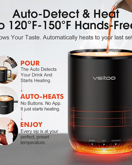 Vsitoo S3 Plus 14oz Heated Coffee Mug - Temperature Control Smart Mug with Mug Warmer, Auto-Sensing AI Heats Drinks to 120-150°F Hands-Free.Ideal for Home/Office/Gifts，Black