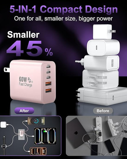 USB C Fast Wall Charger Block, 2Pack 60W USBC Charging Cubes, 5-Port PD+QC Power Adapter Multiport Brick Type C Box Plug for Phone 16/15/14/13/12/11/Pro Max/Plus, Pad Mini/Pro/S25/S24-Pink