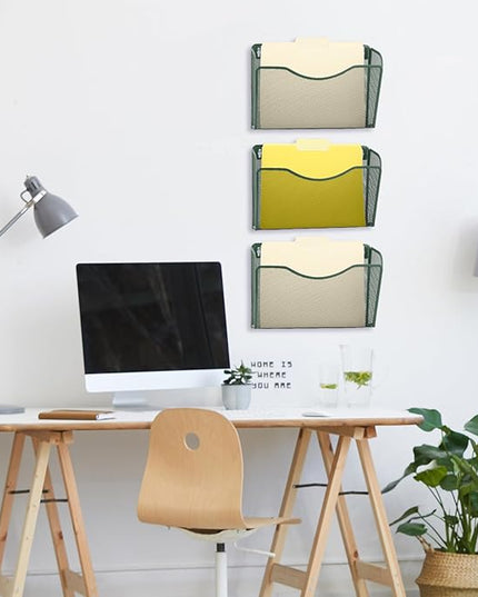 EASEPRES 3 Single Pocket Mesh Hanging File Organizer, Vertical Wall Mounted Magazine File Holder, Mount Basket Mail Paper Document Folder Organizing for Office, Home and School, Dark Green