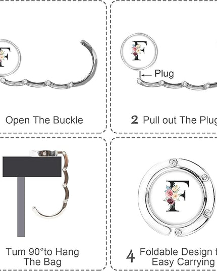 Iqimott 3pcs Personalized Initial Foldable Purse Hook for Table, Flower Letter Folding Handbag Hanger Portable Magnet Table Hook Holder, Collection Desk Purse Hooks for Women Bag (Black-F)