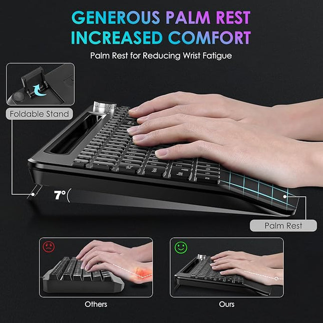 Sksyloo Full-Size Ergonomic Keyboard and Mouse, 2.4GHz Wireless Keyboard and vertical Mouse with Tablet Phone Holder, Wrist Rest for Computer Mac PC Laptop Chromebook, Black