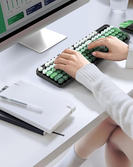 MOFII Wireless Keyboard and Mouse Combo, Full Size 2.4G Plug and Play Typewriter Retro Round Computer Keyboard and Mouse Set for Windows, Computer, Desktop, PC, Notebook - (Black Green Gradient)