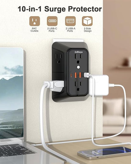 JcBlaon Outlet Extender Surge Protector - 6 Outlet Splitter with 4 USB Ports (2 USB C), Multiple Plug Expander Wall Charger, 3 Sided Multi Plug Wall Adapter Power Strip for Home Office Kitchen Travel