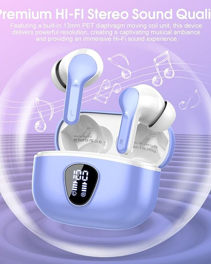 Wireless Earbuds, Bluetooth 5.4 Headphones HiFi Stereo, Bluetooth Earbuds with ENC Noise Cancelling Mic, IP7 Waterproof in Ear Earphones, 48H, LED Display Ear buds for Pad Workout Sports, White Purple