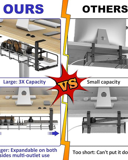 15.7” Under Desk Cable Management Tray, No Drill Steel Cable Tray Organizers, Wire Management Tray Cable Rack with Clamp Mount, Metal Under Desk Tray with Wire and Cord Organizer (Black, 1 Pack)