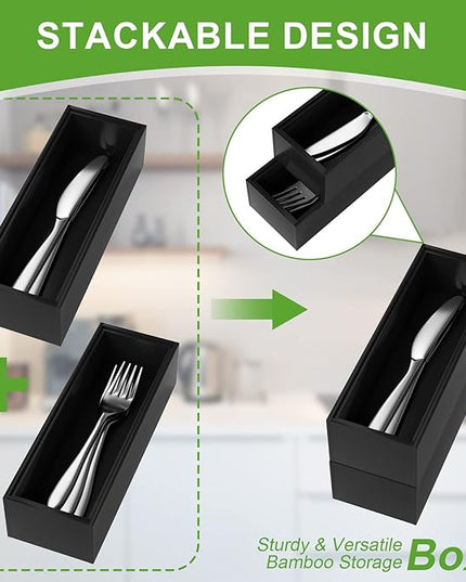 Premium Bamboo Kitchen Drawer Organizer - Set of 2, Stackable Utensils Holder, Storage Box Tray for Kitchen Drawers, Cabinet, Utensil, Silverware, Spatula, Flatware or Makeup, Vanity, Bathroom(Black)