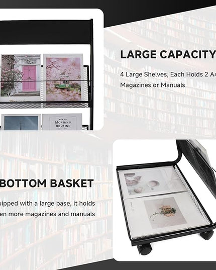 Floor-Standing Magazine Rack 4-Layer with Wheels, Brochure Display Stand for Exhibitions, Office, and Any Organization Requiring Information Display