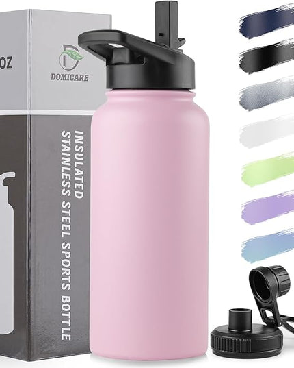 DOMICARE 32 oz Insulated Water Bottle, Vacuum Insulated Stainless Steel Sports Water Bottle with Straw Lid & Spout Lid, Leakproof, Reusable - Travel, Camping, Bike, Pink