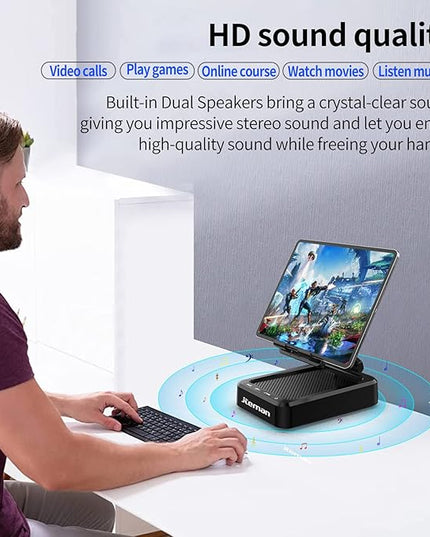 JTEMAN Tablet Stand Adjustable with Bluetooth Speakers,Kitchen Gadgets,Gifts for Women Men,Wireless Bluetooth Speaker Tablet Holder,Desk Mic Charging Sation Compatible with Phones and Tablet