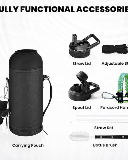Insulated Water Bottle 40 oz, Triple Wall Vacuum Stainless Steel (Cold for 48 Hrs), Leak Proof & Non-BPA, Modern Water Flask Jug with Paracord Handle & Straw Spout Lids, Ombre Green