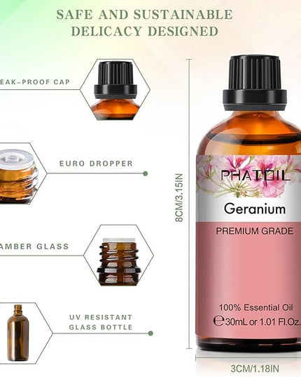 Geranium Essential Oil 1.01fl.oz/30ml, PHATOIL Premium Geranium Oils Long Lasting Scents for Aromatherapy, Diffuser, DIY Soap and Candle Making