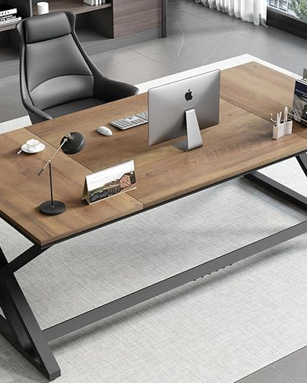 HSH Rustic Long Computer Desk, Industrial Large Wood Metal Office Table, Writing Work Study Station, Farmhouse Workstation Gaming Executive for 2 Person, Rustic Oak, 70 Inch